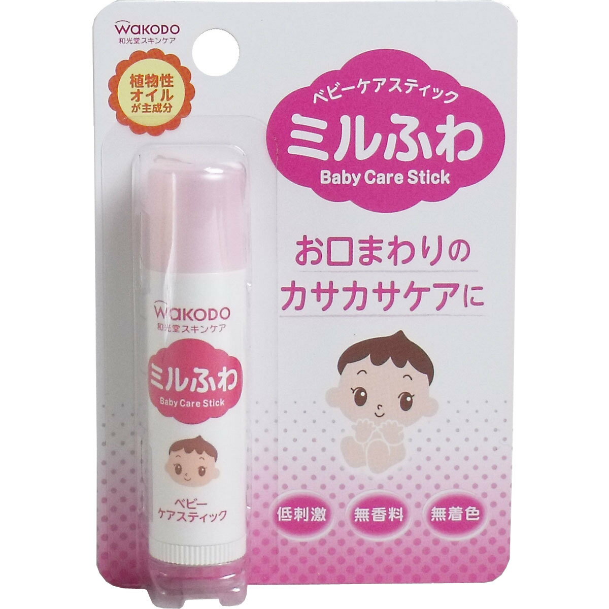 商品情報サイズ・容量個装サイズ：75X105X18mm個装重量：約20g内容量：5g製造国：日本規格【商品区分：化粧品】【成分】オリーブ果実油、ヒマワリ種子油、ミツロウ、ホホバ種子油、キャンデリラロウ炭化水素、水添レシチン、セラミド3、グリチルレチン酸ステアリル、トコフェロール【使用方法】2〜3mmくり出して、お口まわりに2、3回重ねてつけます。※出しすぎると折れることがありますので、ご注意ください。【注意】・傷やはれもの、湿しん等、異常のある部位には使用しないでください。・使用中、または使用後赤み、はれ、かゆみ、刺激等の異常があらわれた時は使用を中止し、皮ふ科専門医等にご相談されることをおすすめします。・目に入った時はすぐに洗い流してください。・極端に高温や低温の場所、直射日光の当たる場所に保管しないでください。・乳幼児の手の届かない所に保管してください。・キャップなどを誤って飲み込まないように、お子さまがご使用になる場合は、ご家族の目の届く所でお使いください。・ミルクや食べカスなどがスティックについた場合は、きれいにふき取ってください。注意事項広告文責：オフィスKanna　TEL：070-8416-4134【発売元、製造元、輸入元又は販売元】アサヒグループ食品【原産国】日本商品区分：化粧品ミルふわ ベビーケアスティック 5g お口まわりのカサカサケアに♪ お口まわりのカサカサケアに♪ 赤ちゃんの肌を考えて、水と油のバランスに着目したスキンケア。水分を逃がさないバリア設計。●0か月からミルふわ●植物オイル＆うるおい脂質成分(オリーブ油・リン脂質・セラミド)配合。●よだれや食事で荒れやすいお口まわりをしっかり保護。●スティックタイプで簡単＆塗りやすい。●低刺激、無香料、無着色、パラベン無添加、ノンアルコール、無鉱物油、乳由来成分不使用。●皮ふアレルギーテスト済み(すべての人にアレルギーが起きないというわけではありません) 1