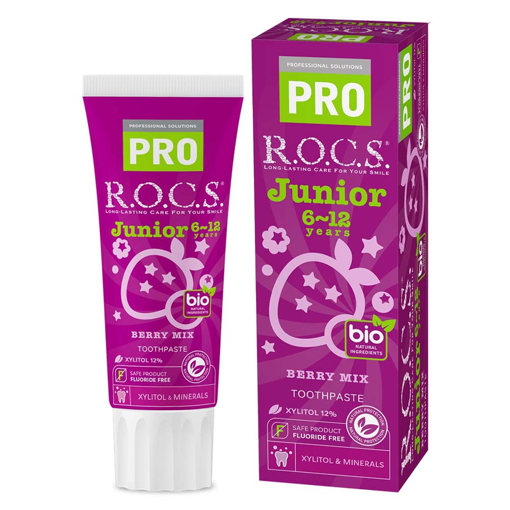 ロックスPRO各種歯みがき 各種ベビー用（0〜3歳）アップルカモミールバナナキッズ用（3〜7歳）ジュニア用（6〜12歳）アイスクリームスムージーチョコ＆キャラメルベリーミックスセンセーショナルホワイトデリケート＆ホワイトフレッシュミントデリケート＆ホワイトスイートミントコーヒー＆ティーセンシティブミネラルコンプレックス&nbsp; ハブラシ 各種ベビー用（0〜3歳）キッズ用（3〜7歳）ジュニア用（6〜12歳）ベビーキッズジュニア※こちらの商品は受注発注商品の為、ご注文後2〜5営業日後の出荷予定となります。※メーカー在庫切れ等により5営業日以内に出荷できない場合はメールにてご案内させていただきます。◆商品特徴生えたての永久歯の虫歯予防に。フッ素フリーの安心設計歯みがき。◆商品仕様商品名ロックスPRO 歯みがき ジュニア ベリーミックス 74gメーカー品番-JANコード4607034475673内容◎フッ素の代替として、歯を構成するミネラル成分(リン・カルシウム・マグネシウム)と高濃度キシリトールからなる、独自開発成分『ミネラリン キッズ』を配合。虫歯になりやすい生えたての永久歯を、虫歯に負けない強い歯に。◎アメリカヤマナラシ樹皮エキス(湿潤剤)が、トラブルの起こりやすい歯抜け期の口腔内を健やかに保ちます。◎食後のデザート感覚で楽しく歯磨きできるベリーミックス香味。内容成分水、グリセリン、シリカ、キシリトール、コカミドプロピルベタイン・ラウロイルサルコシンNa、アメリカヤマナラシ樹皮エキス、キサンタンガム、香料、グリセロリン酸Ca、ヒドロキシアセトフェノン、安息香酸Na・ソルビン酸K、サッカリンNa、塩化Mg、シメン−5−オール、水酸化K商品サイズW45×H145×D43mm重量92g歯磨き粉 はみがき粉 歯みがき粉 フッ素不使用 ジュニア