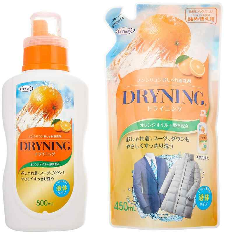 まとめ買いUYEKI(ウエキ) ドライニング おしゃれ着洗剤 ノンシリコン 液体タイプ 本体+詰替セットドライマークの衣料がご家庭で簡単に洗えます。デリケートな衣類の洗濯に。オレンジオイル使用使用方法水30Lに対し15mL、本品を加え、つけ置き又は洗濯機を使用して、衣類を洗浄します。成分界面活性剤(17%ポリオキシアルキレンアルキルエーテル、脂肪酸カリウム塩)洗浄増強剤(グリコールエーテル)オレンジオイル、酵素、抗菌剤内容量本体500ml+詰め替え450ml原産国日本