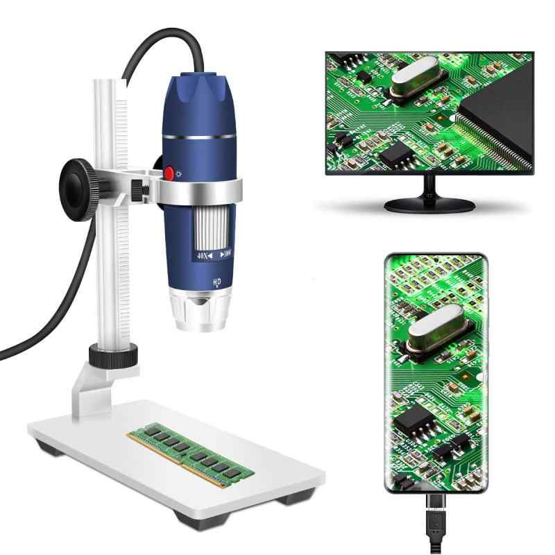 HD 2MP USB デジタル顕微鏡 40倍から1000倍 ポータブル拡大内視鏡カメラ LED8個付き アルミニウム合金安定スタンド OTG Android Mac Windows 7 8 10 11 Linux用