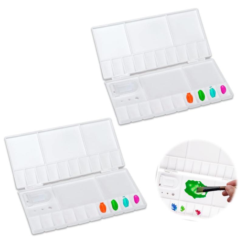 折り畳み式 プラスチック製パレット パレット 水彩パレット2個セット絵の具パレット 水彩 アクリル画 ペイントケース 絵皿 20色対応 お手入れ簡単 持ち運びが簡単で 顔料パレット商品仕様ボックスタイプ 水彩 パレット1個セット 素材：PP。収納時サイズ：20.3×10.5cm、展開時サイズ：20.3×21cm、重量：47g。カラー：ホワイト カラー収納：20個 調色スペース：5個 20色の水彩絵の具を入れるスペースがたっぷりあります。また、色を混ぜるスペースも充実しており、高さがあるので、幅広い色を混ぜることができます。特徴穴の開いた人間工学に基づいたデザイン 手に持って使える。パレットには指を差し込める穴があり、片手で持ちながら作業ができます。立って絵を描くときや、上から作品を作るときに便利です。(1)特殊加工で絵の具をはじきにくい。(2)白くて色が確かめやすい。(3)手に持って使用する「手持ち」タイプです。多機能デザイン ブラシはハンドグリップに直接置くことができ、簡単に取り出せます。お手入れが簡単です。 表面が滑らかなので、汚れが残りにくく、お手入れが簡単です。本製品のパレットは、絵の具を出すための仕切りはもちろん、混色皿の数も多く色を作りやすい。調色スペースも広く高さもあるので、様々な色を調色して色とりどりの水彩画を描きたい人におすすめのパレットです。すべての水性メディアに最適 パレットは水彩画、アクリル、その他の水性顔料に最適です。 あらゆる絵画の場のアーティストに最適。旅行とスケッチセット - コンパクトで軽量な水彩セットがバッグに簡単に入ります。 スナップ ロック システムにより、移動中に部品が落ちたり緩んだりするリスクが。用途広い混色スペースとパレットの高さのおかげで、いろいろな色を混ぜて色水彩画を作りたい方におすすめです。画家、職人、趣味の人、アーティスト、学生、アートスタジオに最適です。持ち運びしやすい事から、アウトドアでのスケッチなどにも適しておりますので、外で絵を描かれる方へのプレゼントにもおすすめです。