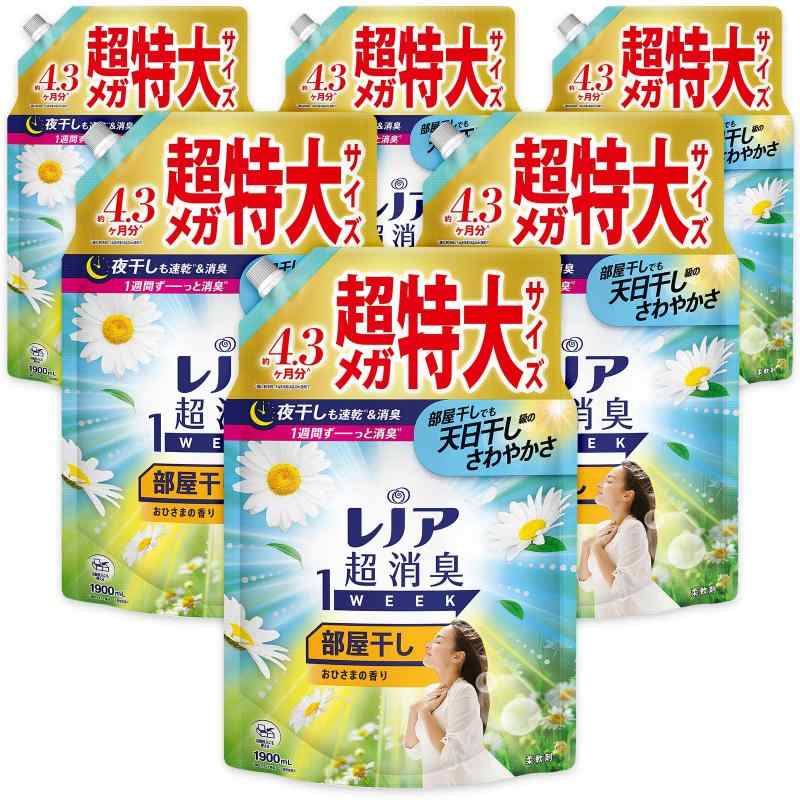 レノア Lenor 超消臭1WEEK 柔軟剤 部屋干し おひさまの香り 詰め替え 1,900mL×6袋 [大容量] [ケース品]新しくなったレノア超消臭1weekは、汗をかいた時のニオイはもちろん、ベタつきまで防げるようになりました(*1)。汗をかいてもさらっと吸収して速乾(*1)。しかも、何度汗をかいてもニオイ0へ(*2) *1 自社他柔軟剤と比較。 *2 柔軟剤未使用と比較。すべてのニオイを0にするわけでは。レノア超消臭1WEEKは、80%以上の消費者が実感した、1週間ずーっと続く消臭力(*1)。 かけっぱなしの洗面所のタオルや、ニオイが気になるけれど毎日は洗え、シーツや枕カバーまで、1週間ずーっと爽やか(*1)。 *1 保管状態でレノアの消臭系柔軟剤は、みなさんのお洗濯のニオイ問題やお悩みを解決すべく、無臭化テクノロジーや1週間(*1)ずーっと続く消臭技術など、消臭効果に関する研究を重ねて来ました。おかげさまで、防臭タイプ柔軟剤の中で売上No.1。 *1 保管状態でレノア超消臭なら、夜干しでも速乾(*1)&amp;消臭。消臭成分が浸透、夜の間にじっくり消臭するから、夜干しなのに、天日干し以上のさわやかさに。 *1 綿のタオルで検証。選べる6種類の香り。 お求めの消臭力、香りに合わせて、家族で使える6種類の香りをご用意しています。おひさまの香りは、清潔感のある爽やかなお花とお日様の香り。レノアの柔軟剤は、ドラム式洗濯機や自動投入洗濯機でもお使いいただけます詳細の使用方法や使用量は、製品裏の説明をご覧ください。