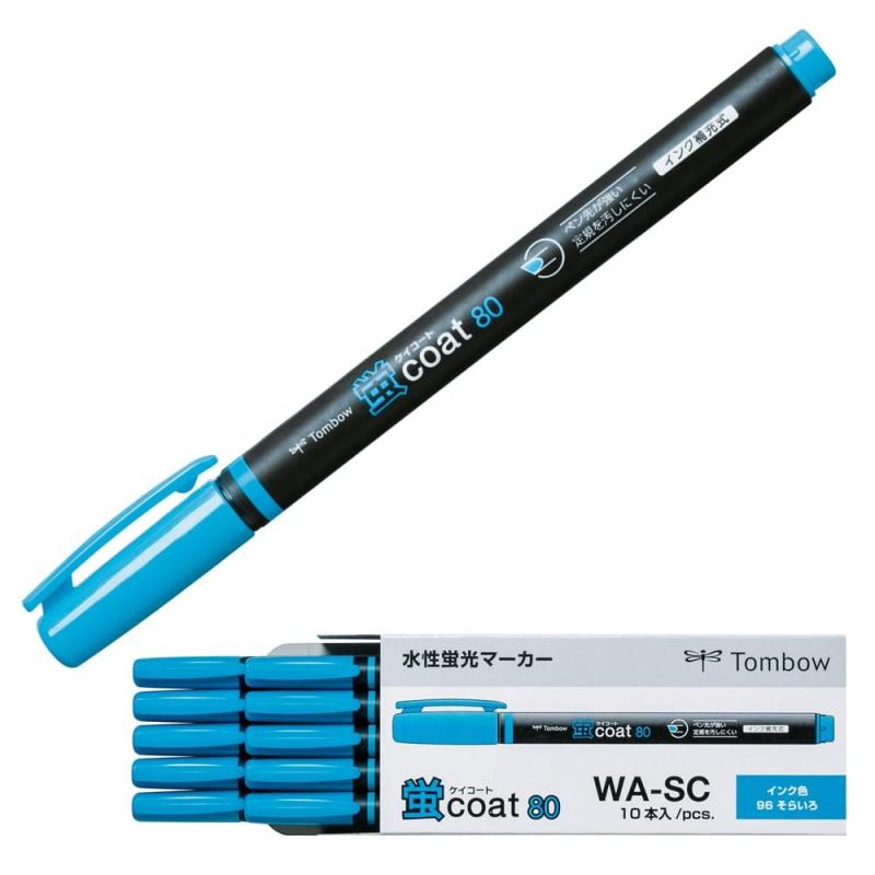 トンボ鉛筆 蛍光ペン 蛍コート80 空色 (強いペン先 ポリマーコート芯) シングルタイプ 10本 WA-SC96-10Pポリマーコート芯3.8mm／ペン先の周囲をガードしたポリマコート芯用途FAX・ノンカーボン・普通紙仕様インク補充式（別売の補充インク「蛍コートチャージャー」で補充可能）単品サイズ最大幅15×全長141mm／本入数10本入り