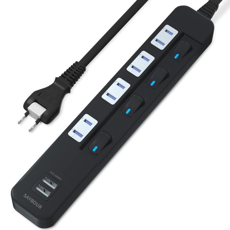 USB 3.4A 付きタップ 電源タップ 雷ガード 省エネ 個別スイッチ 4+2(AC差し込み口 +USBポート)差込口6個ACアダプタ用さし込み口4個＋USBポート2個。ACアグプタ用にコンセントの間隔を広く設けています。となりの差し込み口に干渉せず ゆったりと使用できます。安全性差込口には耐熱性に優れたユリア樹脂を使用しており、万一の発熱の際にも融解しにくく、電気火災の防止に有効です。配線しやすい狭い場所でも配線しやすい180°スイングプラグを採用しています。細部までこだわり細やかなところにもこだわって設計されています。この商品はLEDインジケーターを採用し、一般的なインジケーターと比べれば、夜もより快適に心地よく使うことが出来ます。個別スイッチ個別スイッチ付き。こまめに消して、待機電力を節約です 製品：一年間 期間：一週間