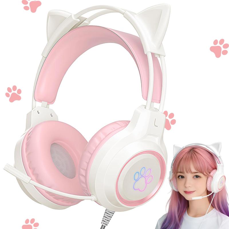 Rakuten - ヘッドホン 猫耳ヘッドホン ゲーミングヘッドセット 有線ヘッドフォン40MMスピーカー RGBライト付き USBポート マイク付き 柔らかい保護カバー 良い音質 調整可能なサイズ かわいい PS4