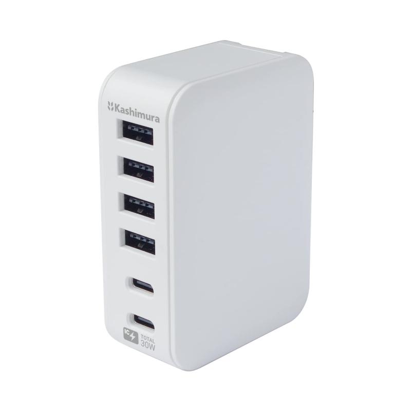 カシムラ(Kashimura) コンセントに直結、コンパクトなUSB6ポート6A充電器 NAC-038リバーシブルUSBで表裏どっちも挿せる出力合計30W。自動識別IC搭載で端末にあわせて最適充電、USB-Aの最大出力2.4A、USB-Cの最大出力3AUSBの足りを解決。6台同時に充電USB-C×2ポート搭載。最新のiPhone付属のケーブルが使えるACプラグは収納可能で持ち運びにも便利
