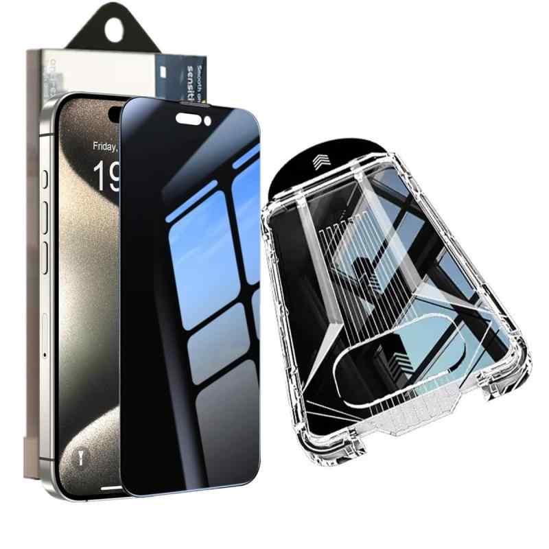 360°覗き見防止 ガイド枠付き foriPhone 15 Pro Max 用のガラスフィルム 超簡単貼り付け 自動除塵 アイフォン 15 Pro Max プライバシー の360°ぞき見防止 上下左右 プライバシー保護 気泡ゼ対応機種 for iPhone 15 Pro Max用の（6.7インチ）に対応しております。万一、初期不良やご使用中にホコリ、気泡、割れが発生した場合があれば、ご遠慮なく、弊社とお気軽にご連絡してください。最新なフィルム貼り付けデザイン・2ステップOK超簡単に貼り付けできます被せる、引っ張る、たった2ステップで初心者でも簡単に貼り付けます。フィルムも自然と吸着する構造になっているため、静電気を利用してスクリーン上のホコリが引き出せ、気泡が入りにくく、完璧な貼り付けが実現でき、貼付け時の失敗が大幅に軽減できます。360度 覗き見防止仕様スマートフォンを立てに持った時、画面を上下左右から覗かれることを防ぐ360° 上下左右 4方向ブラインド仕様のプライバシー保護フィルムです。周りの視線を気にすることなくLINEやメールのやりとりを行えます。真正面から見ると高透過率ではっきり見えますが、斜めから見るとブラインドルーバーにより画面が段々真っ黒になります。画面内容は勿論、個人情報も完璧守られます。9H硬度・飛散防止ガラス本体は高品質の素材を採用したうえ、表面硬度に優れ擦り傷から最大限までスクリーンをお守ることができます。なお、飛散防止デザインにより、両手で強く折っても飛散しません。万が一割れても飛散する心配がなく楽に使えます。指紋防止・高感度ガラスフィルムの表に指紋や汚れなどに対して特殊なコーディング済み、指紋が残りにくいです。なお、疎油層と組み合わせ、高感度を保つことができて触り心地がよく使いやすいです。