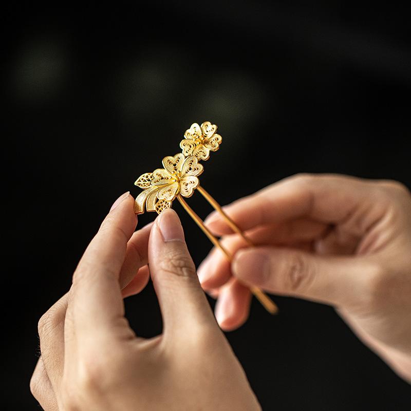 ヘアアクセサリー レディース S925 シルバー 24K 金メッキ 桜モチーフ ヘアピン 古風 高級感 チャイナ風 ヘアスティック 中華風