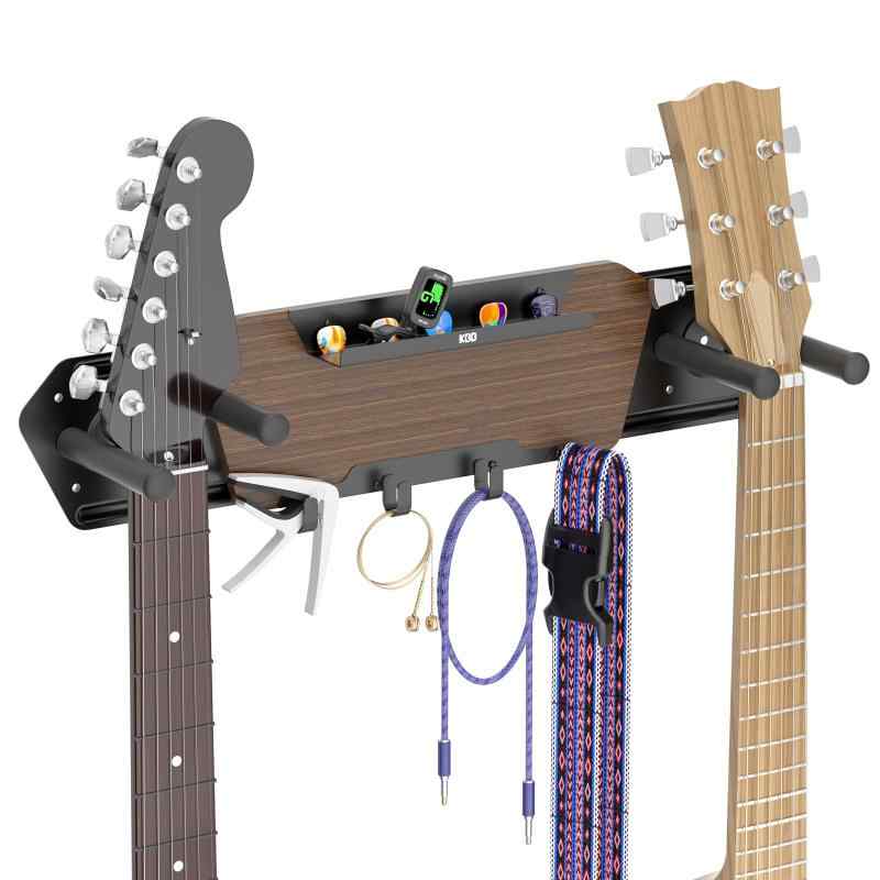 ギタースタンド 壁掛け 2本収納 木製 ギターフック 取り外し可能 ギターハンガー ピックホルダーと4つのフック付き 耐荷重 18kg ベーススタンド ひっかき傷防止 滑り止め ウクレレスタン