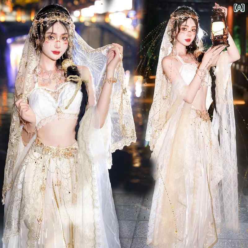 コスプレ衣装 レディース 漢服 エキゾチック 大漠プリンセス 敦煌 飛天 西域風 撮影 写真 ポリエステル繊維 ホワイト ランタンパンツ トップス ヘッドベール 舞台衣装