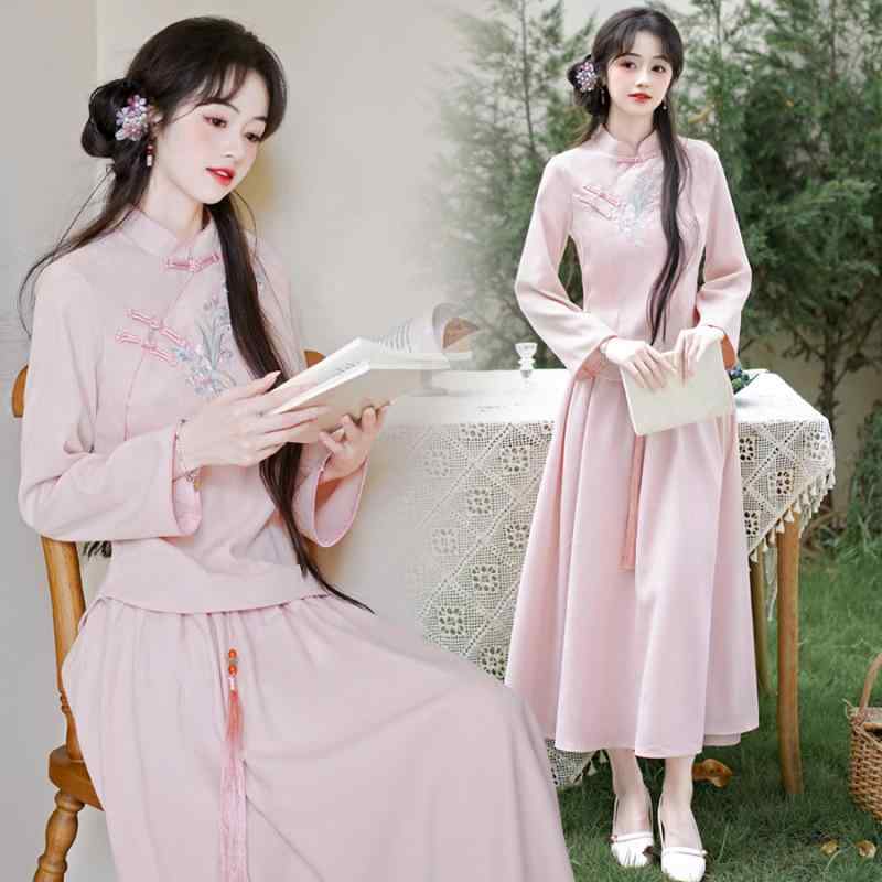 チャイナドレス レディース 新中国スタイル 刺繍入り トップス 中国風 手作り チャイナボタン 唐装 茶芸服 ロングスカート 禅服 アスレチック スパンデックス S M L XL 2XL 3XL 4XL 春