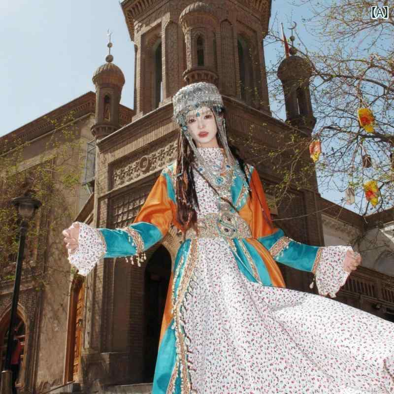 民族衣装 ガールズ 子供用 ウイグル族 プリンセス ドレス 雲南 大理 麗江 古城 旅行撮影 記念フォト用 民族舞踊 エメラルドグリーン シェニール ポリエステル