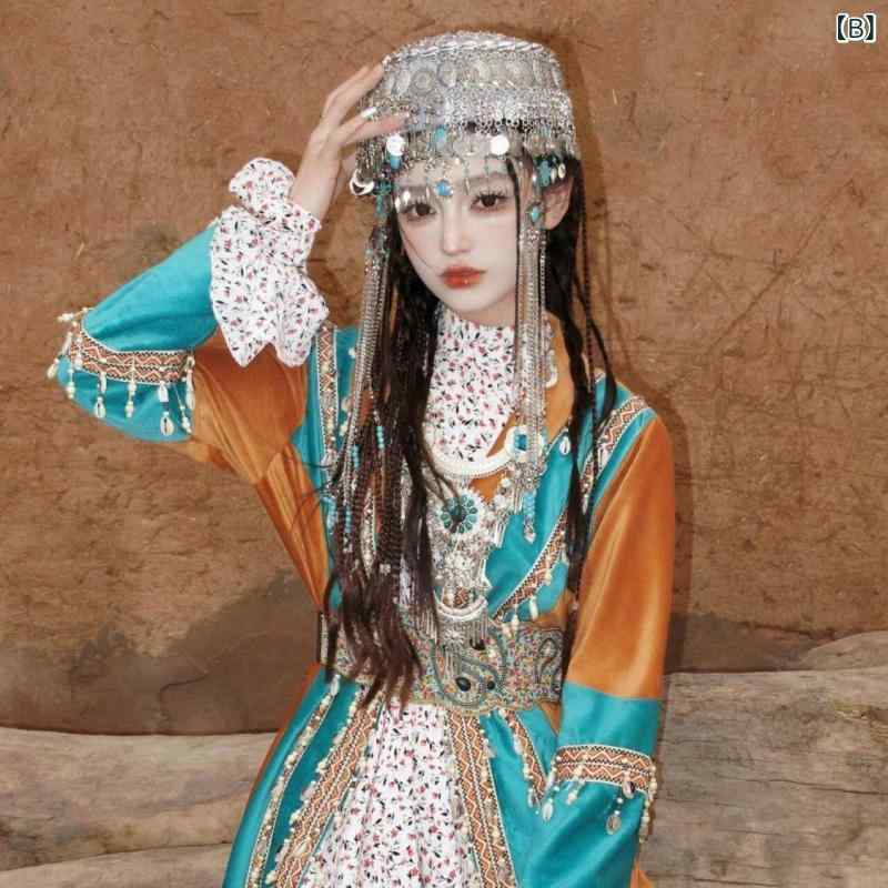 民族衣装 ガールズ 子供用 ウイグル族 プリンセス ドレス 雲南 大理 麗江 古城 旅行撮影 記念フォト用 民族舞踊 エメラルドグリーン シェニール ポリエステル