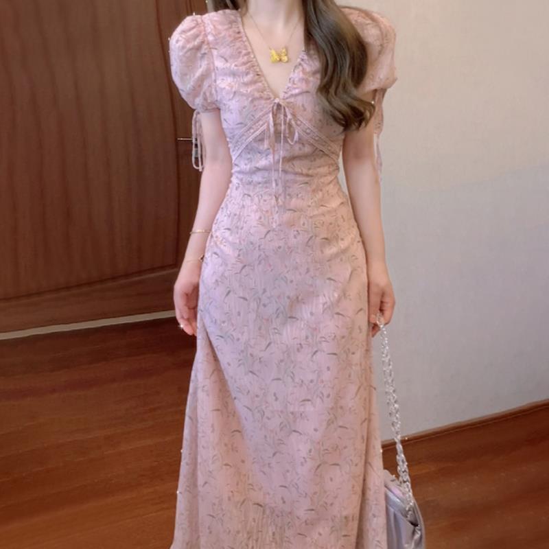 ワンピース レディース ピンク Vネック パフスリーブ 半袖 小花柄 ミモレ丈 フレンチレトロ エレガント Aライン ハイウエスト ポリエステル 春夏