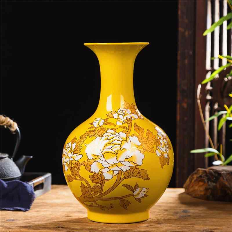 花瓶 陶器 瀬戸物 和風 中華風 壺 インテリア 置物 リビング 寝室 玄関 書斎 卓上 ディスプレイ 中国赤 帝王黄 牡丹