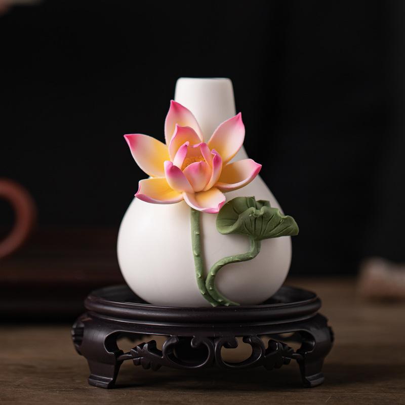 花瓶 レディース 陶器 蓮の花 ハス ピンク系 紫 パープル 卓上 置物 中式 かわいい オブジェ インテリア リビング オフィス