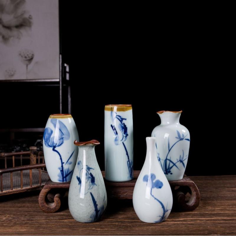 花瓶 陶器 ミニ花瓶 手描き 青花磁 小さい 一輪挿し 卓上 置物 ボトル インテリア 現代風