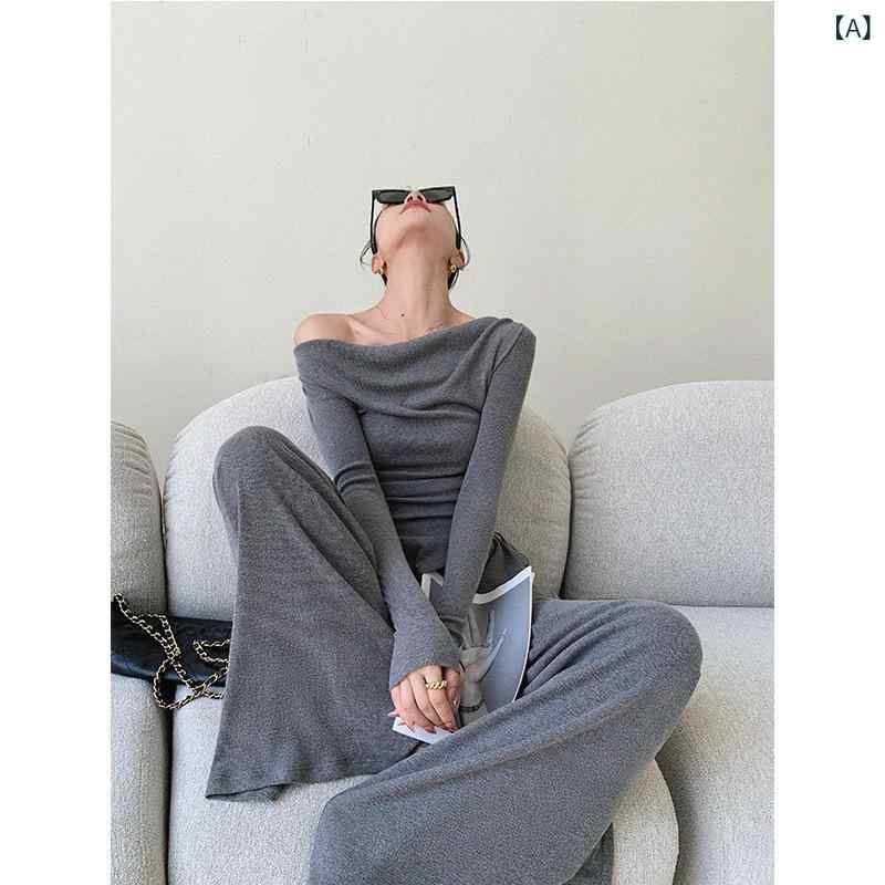 セットアップ レディース 2点セット 春秋 グレー オフショルダー ノースリーブ アシンメトリー トップス ハイウエスト ワイドパンツ ポリエステル きれいめ 大人カジュアル 上品 通勤 オフィス