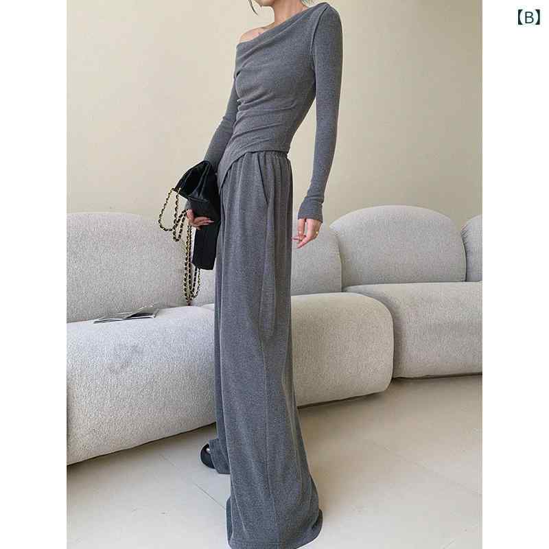 セットアップ レディース 2点セット 春秋 グレー オフショルダー ノースリーブ アシンメトリー トップス ハイウエスト ワイドパンツ ポリエステル きれいめ 大人カジュアル 上品 通勤 オフィス