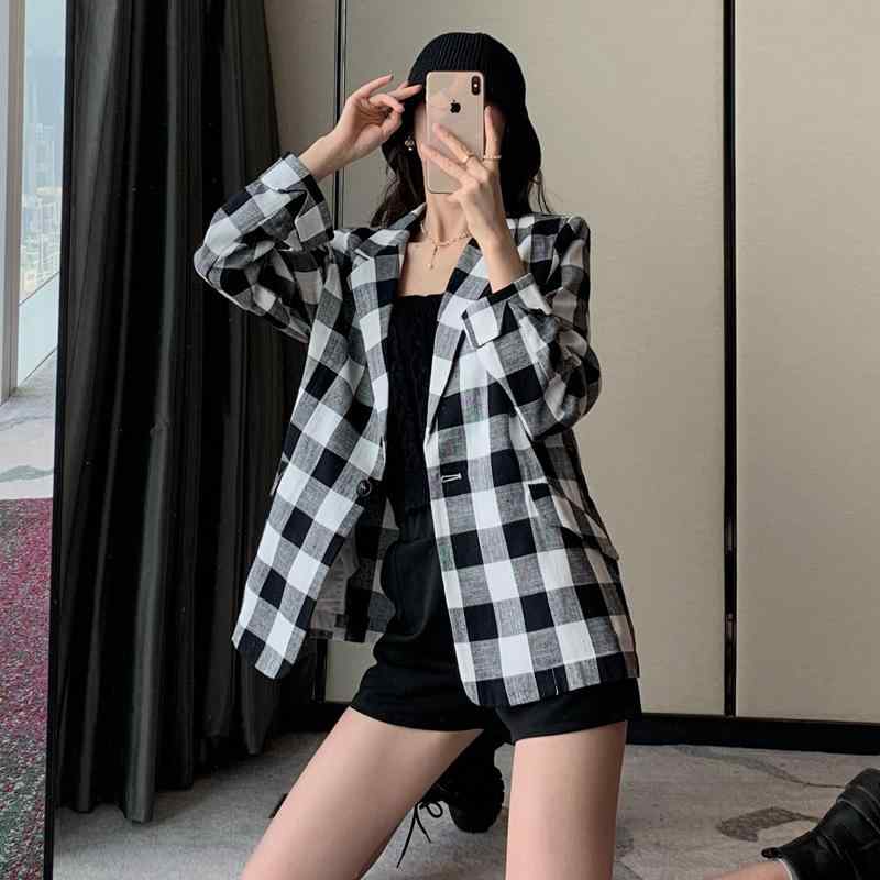 テーラードジャケット レディース 韓国ファッション カジュアル チェック柄 襟付き 長袖 綿麻 リネンブ..