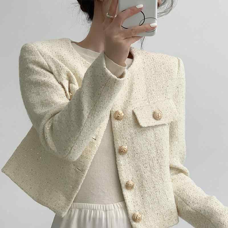 ジャケット レディース 秋冬 ショート丈 小柄向け フレンチシック エレガント 上品 カジュアル きれいめ 通勤 オフィス ツイード ポリエステル スパンコール ポロ襟 パフスリーブ 白