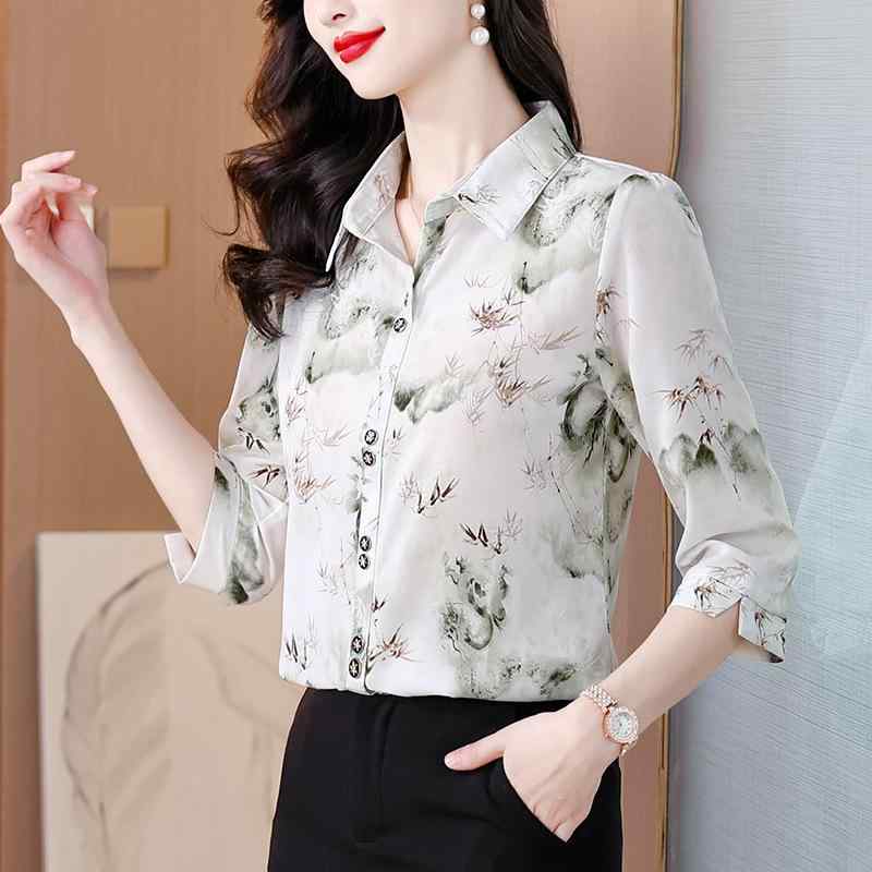 シャツ レディース チュニック ゆったり 小花柄 7分袖 ブラウス 接触冷感 紫外線対策 通勤 オフィス ポリエステル