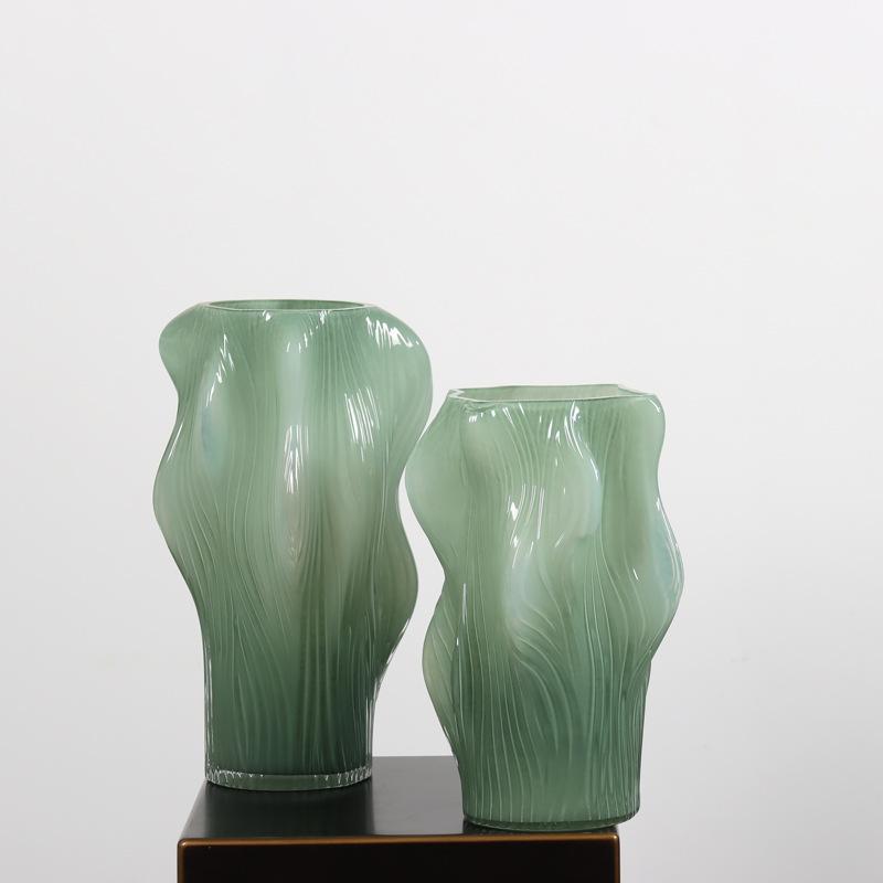 花瓶 異形 波紋 グリーン 琉璃 ガラス 手作り リビング ダイニング 卓上装飾 インテリア