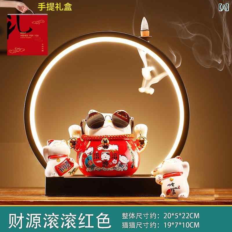 招き猫 まねき猫 手振り LEDライトリング 発光 置物 オブジェ 陶器 セラミック製 カラフル 商売繁盛 開店祝い 開業祝い 縁起物 店舗 リビング 玄関 ギフト 贈り物