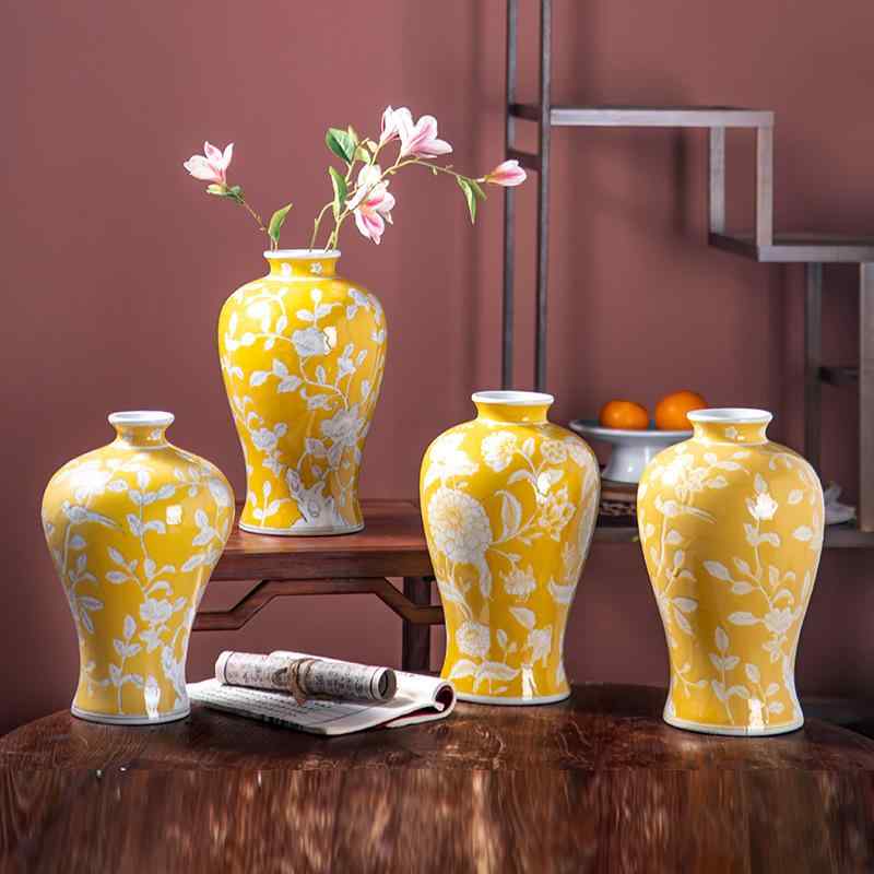 花瓶 置物 陶器製 蘭モチーフ 開運 縁起物 新中華風 モダンチャイニーズ 和モダン フラワーベース 黄色 イエロー 金運 玄関 リビング インテリア 飾り 装飾 おしゃれ 上品 ギフト プレゼント