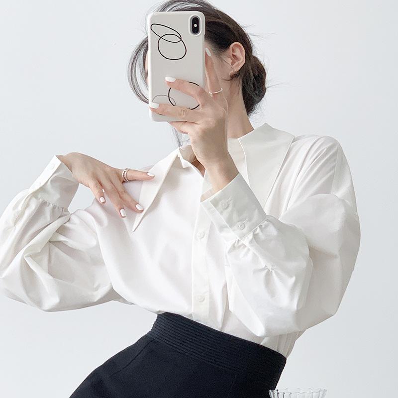 シャツ レディース パフスリーブ ポロ襟 長袖 ブラウス 上品 エレガント フェミニン フレンチ 韓国風 カジュアル デザイン性 個性的 ゆったり 秋 白 ポリエステル 綿 トップス