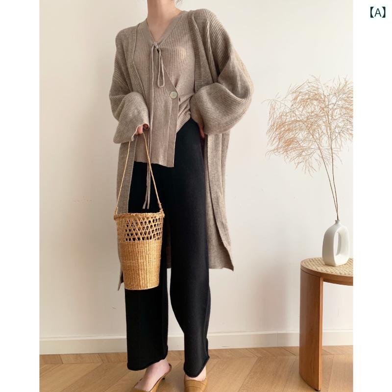 カーディガン レディース 秋冬 韓国風 ゆったり Vネック ミドル丈 長袖 ニット ソフト もちもち コットン アクリル混 ミルクベージュ アボカドグリーン 羽織り トップス 通勤 オフィス 普段使い きれいめ