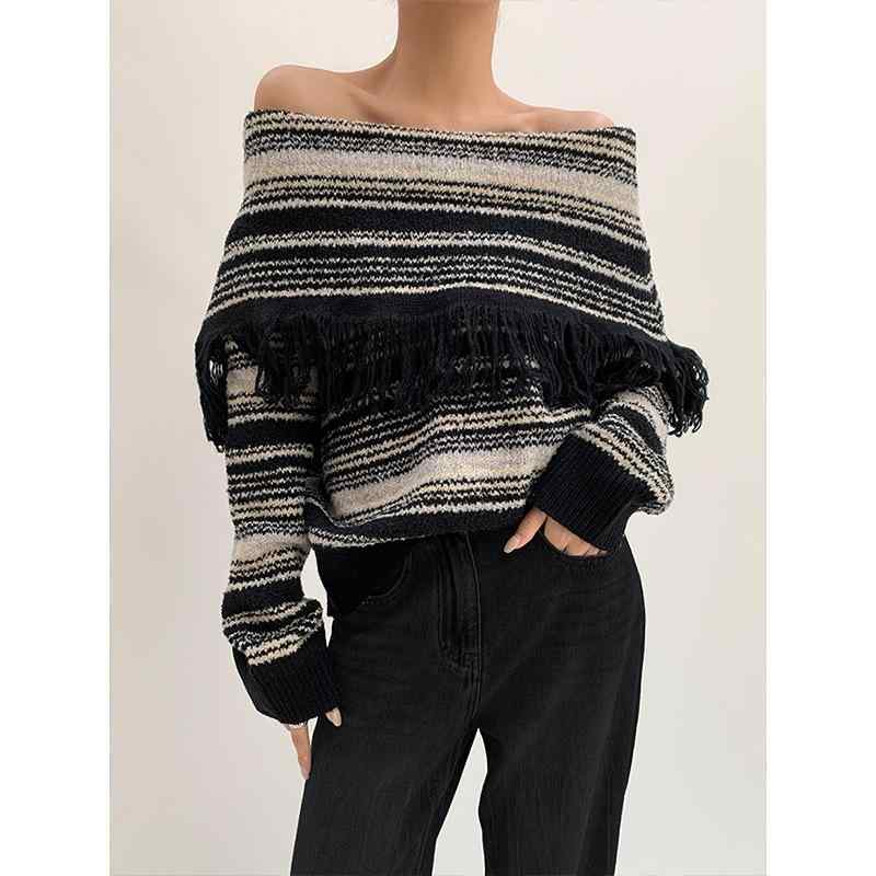 ニット レディース ゆったり ルーズ ストライプ柄 ボーダー プルオーバー ざっくり編み ビッグカラー オフショルダー フリンジ ノースリーブ 配色切り替え 大人カジュアル シック 冬 モノクロ