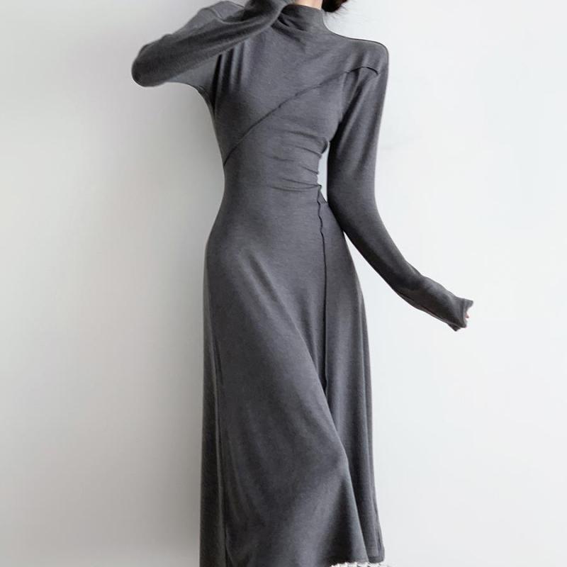 ワンピース レディース 秋冬 ニット ポリエステル フレンチ アシンメトリー ハイネック パフスリーブ ロング丈 マキシ丈 細見え効果 エレガント 上品 普段使い オフィス インナー コートイン グレー ブラック