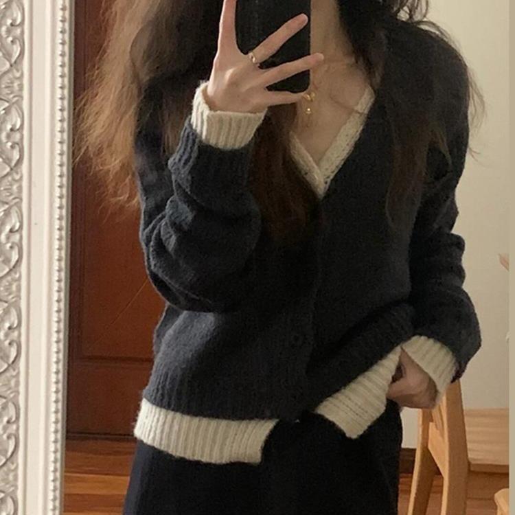 ニット レディース 春秋 低身長向け フェイクレイヤード Vネック 長袖 パフスリーブ ゆったり ルーズ プルオーバー セーター 中厚手 きれいめ カジュアル 韓国ファッション