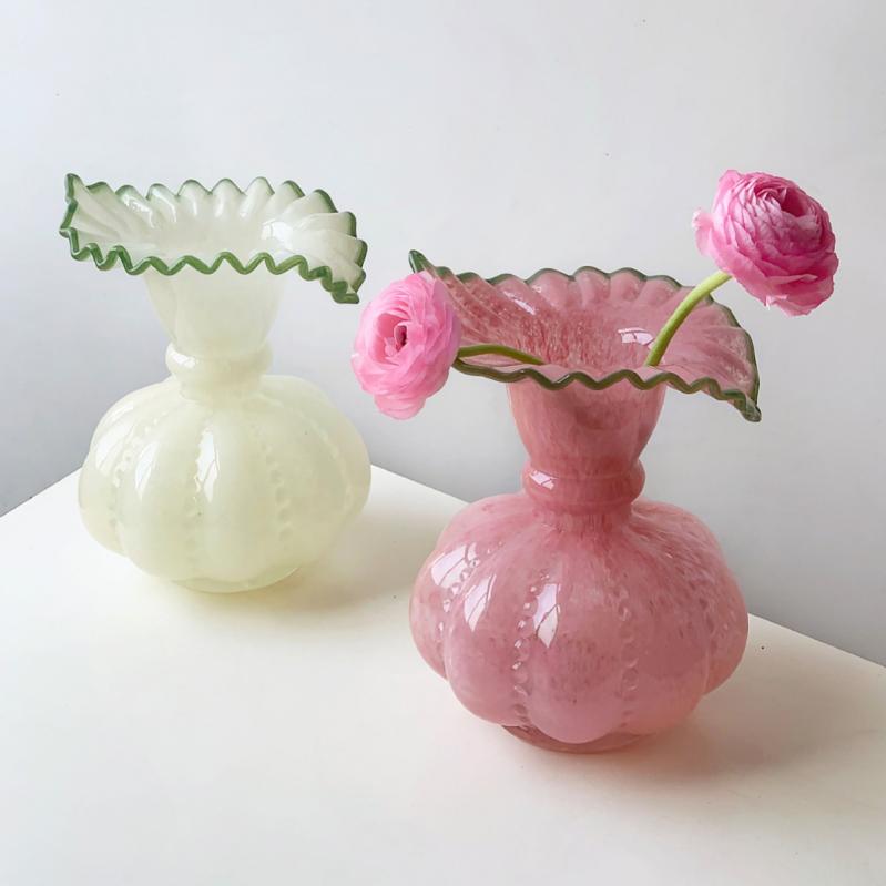 花瓶 レディース 中古 フエントン風 南瓜 硝子 ガラス 手作り ハンドメイド フランス風 フランス式 フランス 復古 鮮花 器 卓上 置き物 置物 ミルク玉黄色 バラ色 ピンク色 ライトグリーン 薄紫色 パステルピンク