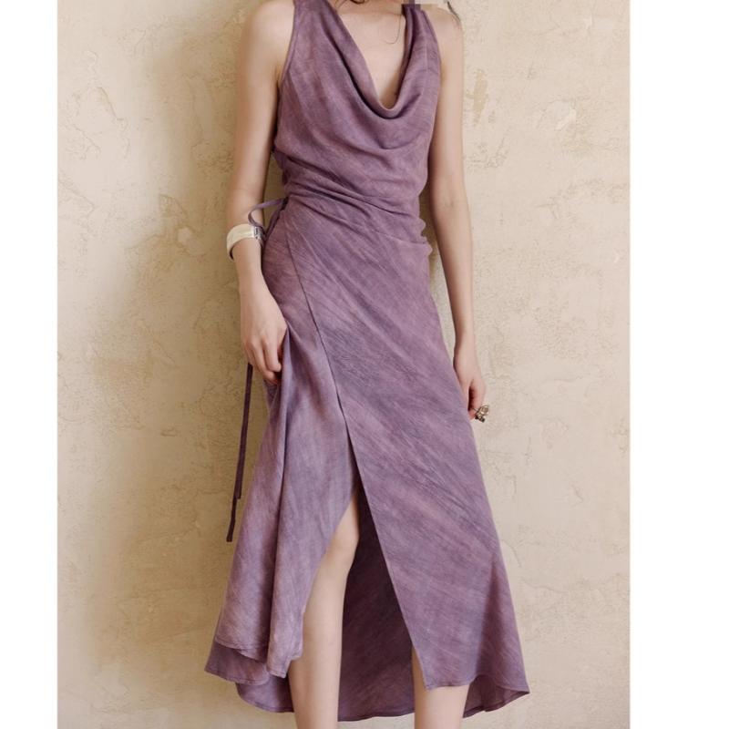 ワンピース 春夏 フレンチ エレガント レトロ ラップ カシュクール ドレープネック ミディ丈 七分袖 パフスリーブ スモーキーパープル ニュアンスカラー 無地 TR素材 ポリエステル レーヨン混