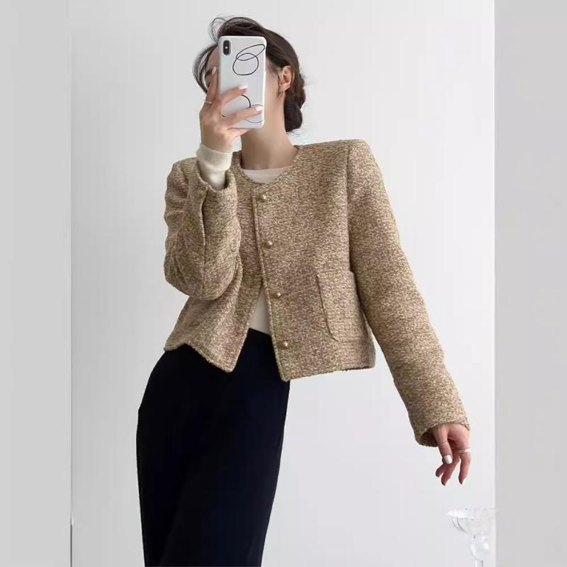 ショートジャケット レディース 秋冬 ツイード調 ポロカラー パフスリーブ ゆったりシルエット ポリエステル素材 韓国ファッション カジュアル 上品 きれいめ 着回し カーキ