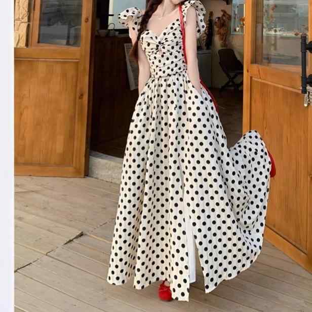 ワンピース レディース 春夏 フレンチシック エレガント レトロ ドット柄 プリーツ ウエストマーク 細見え スリット フレア Aライン ロング丈 マキシ丈 ポロ襟 ノースリーブ ミドルウエスト ポリエステル