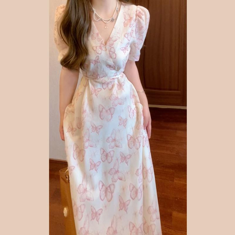 ワンピース レディース フレンチレトロ Vネック パフスリーブ 半袖 ミディ丈 ハイウエスト 花蝶柄プリント Aライン エレガント ティータイム お出かけ 夏