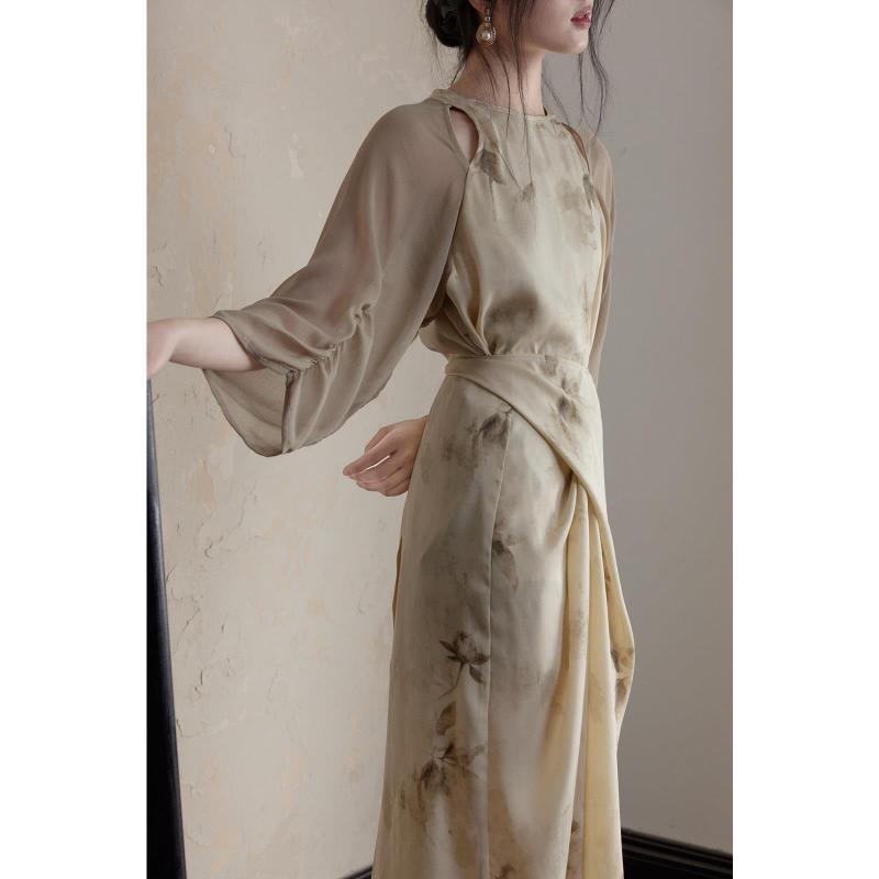 ワンピース レディース 新中華風 チャイナ風 水墨画 アート柄 枯れ葉柄 切り替え 染め パッチワーク ロング丈 五分袖 パフスリーブ ラウンドネック ミドルウエスト ポリエステル ロマンティック レトロ エレガント 春夏