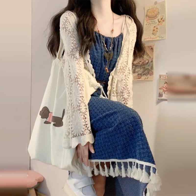 セットアップ レディース 春夏 ニット UV対策 カーディガン 羽織り デニム キャミソールワンピース ショート丈 Aライン スクエアネック パフスリーブ 半袖 ハイウエスト レトロ カジュアル 普段使い