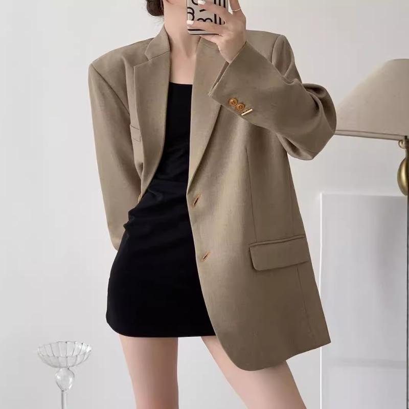 ジャケット レディース オーバーサイズ ゆったり リラックス カジュアル ブレザー アウター 羽織り ポロ襟 長袖 無地 ポリエステル カーキ 春秋