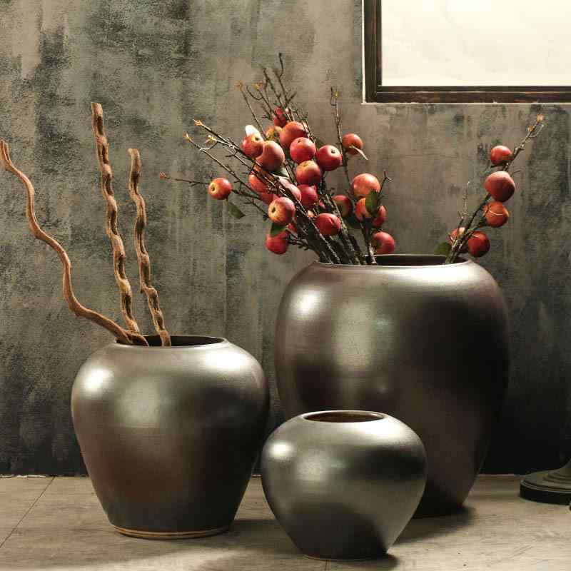花瓶 新中式 陶器 陶芸 フラワーベース 壺 壷 大中小サイズ ホテル レストラン オフィス 玄関 庭 園芸 盆栽 観葉植物