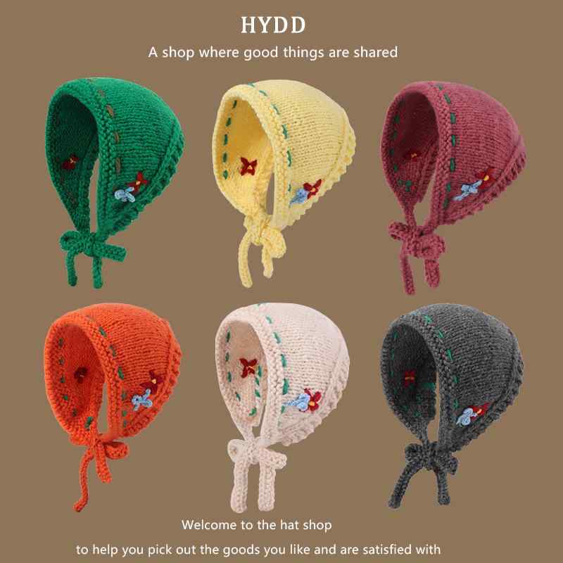 ニット帽 レディース 秋冬 かわいい 花柄 手編み 三角巾 ビーニー 暖かい 防寒 グレー