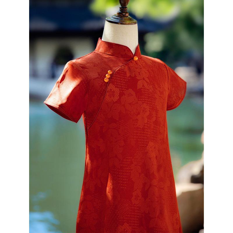 ワンピース キッズ 女の子 チャイナドレス レッド 梅ピンク シフォン チュール 切り替え 夏 古風 中華..