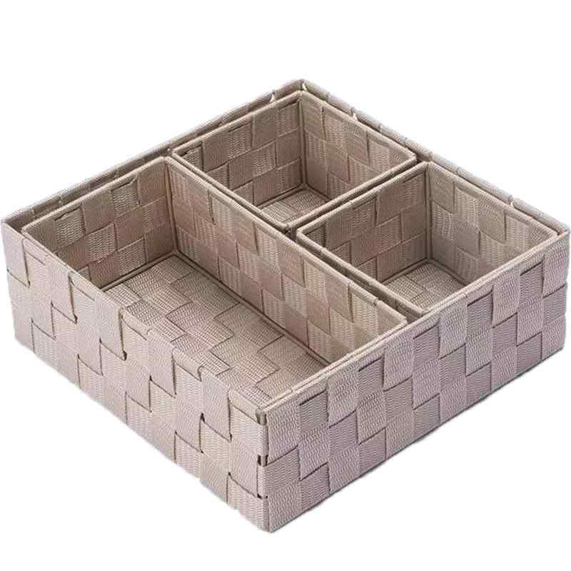 編み収納ボックス 収納ボックス 4個セット 三つのサイズ 手編み 小物入れ 卓上収納 デスク 収納 小物収納 バスケット 収納ボックス 水洗い 生活雑貨 引き出し おしゃれ 防水 防湿 高耐久性(3)