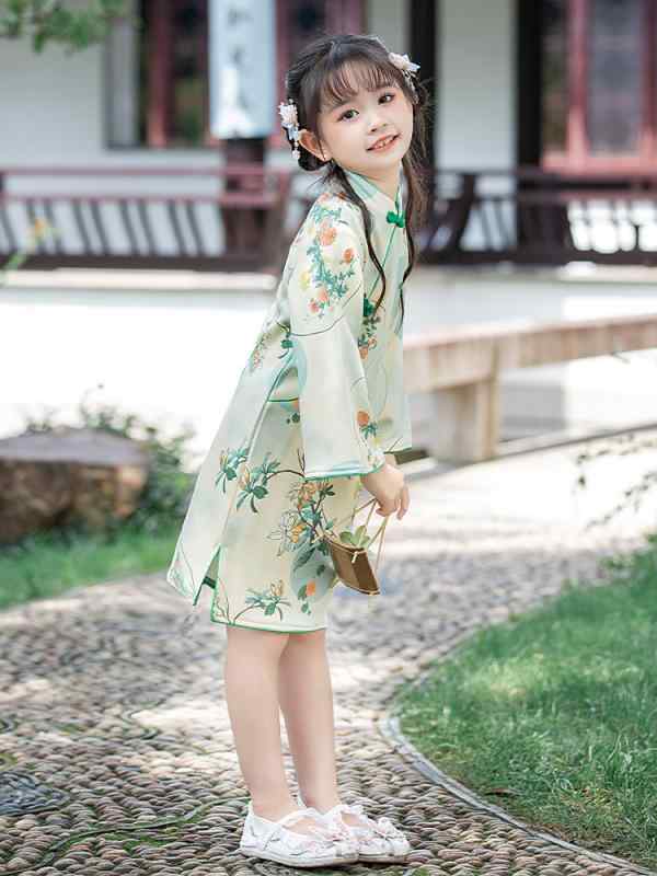 ワンピース 女の子 春秋 子供 チャイナドレス 民族衣装 唐装 長袖 花柄 かわいい 綿混紡 ミディアム丈 膝丈 おしゃれ着 ガールズ