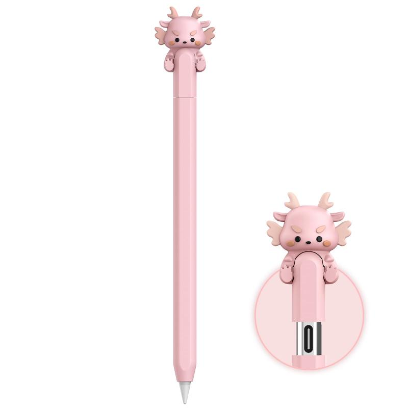 超薄型 Apple Pencil 第2世代 カバー シリコン保護ケース かわいい小さな牛のデザイン【ダブルタップとワイヤレス充電に対応】 (ピンクの小龍, Apple Pencil USB-C)