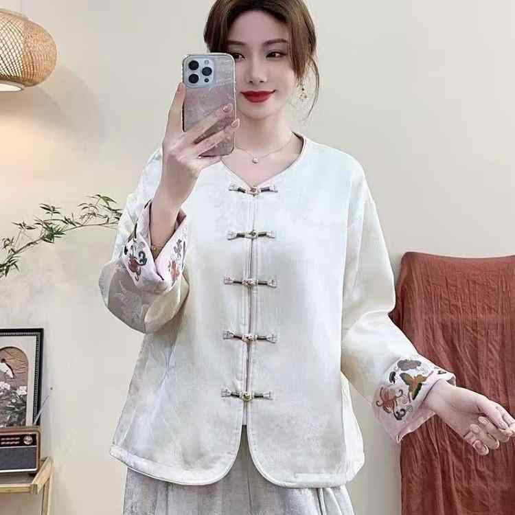 ジャケット レディース 唐装 チャイナ風 丸首 刺繡入り ゆったり ポリエステル エレガント アウター ピンク系