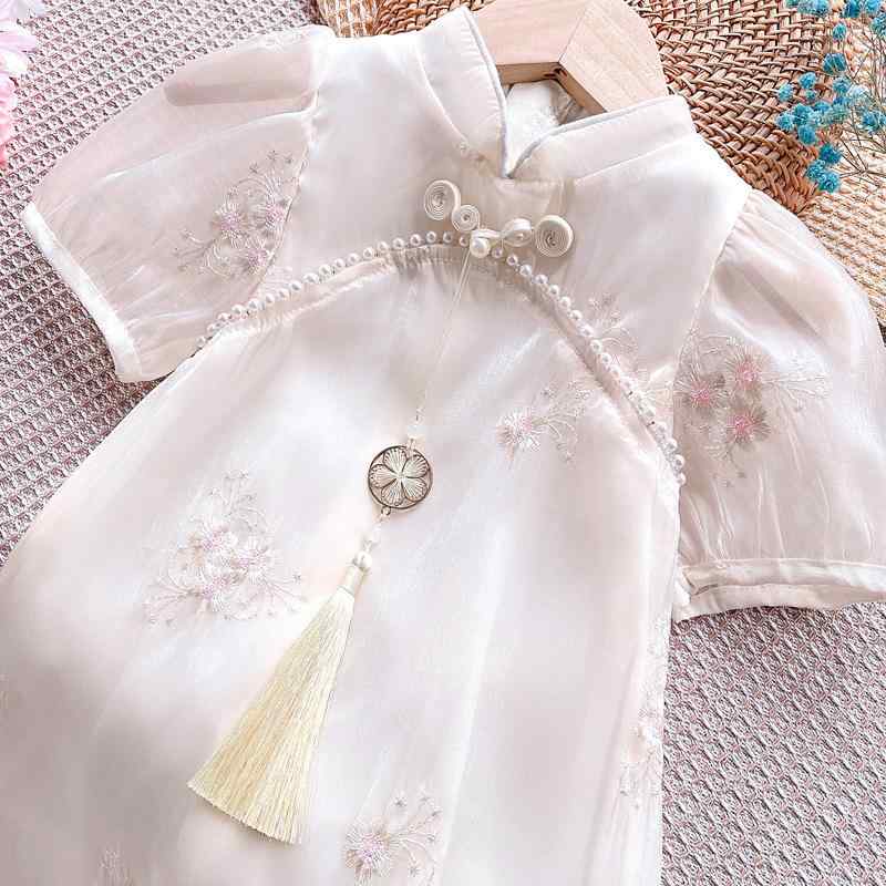 ワンピース キッズ 女の子 フレンチ チャイナドレス風 花柄 パフスリーブ 子供服 レトロ 刺繍 チュール スカート かわいい 薄手 プリンセスドレス 100 110 120 130 140 150 160 170